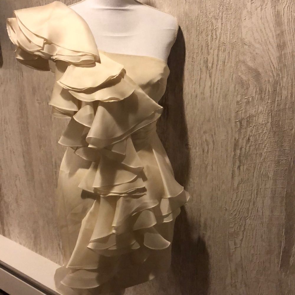 Marchesa Notte Ivory Silk One Shoulder Ruffle Mini Dress Size Small